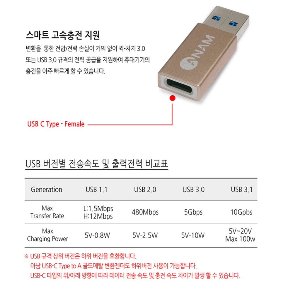 아남 USB C Type to A 골드메탈 변환젠터 AGC-CFAM17