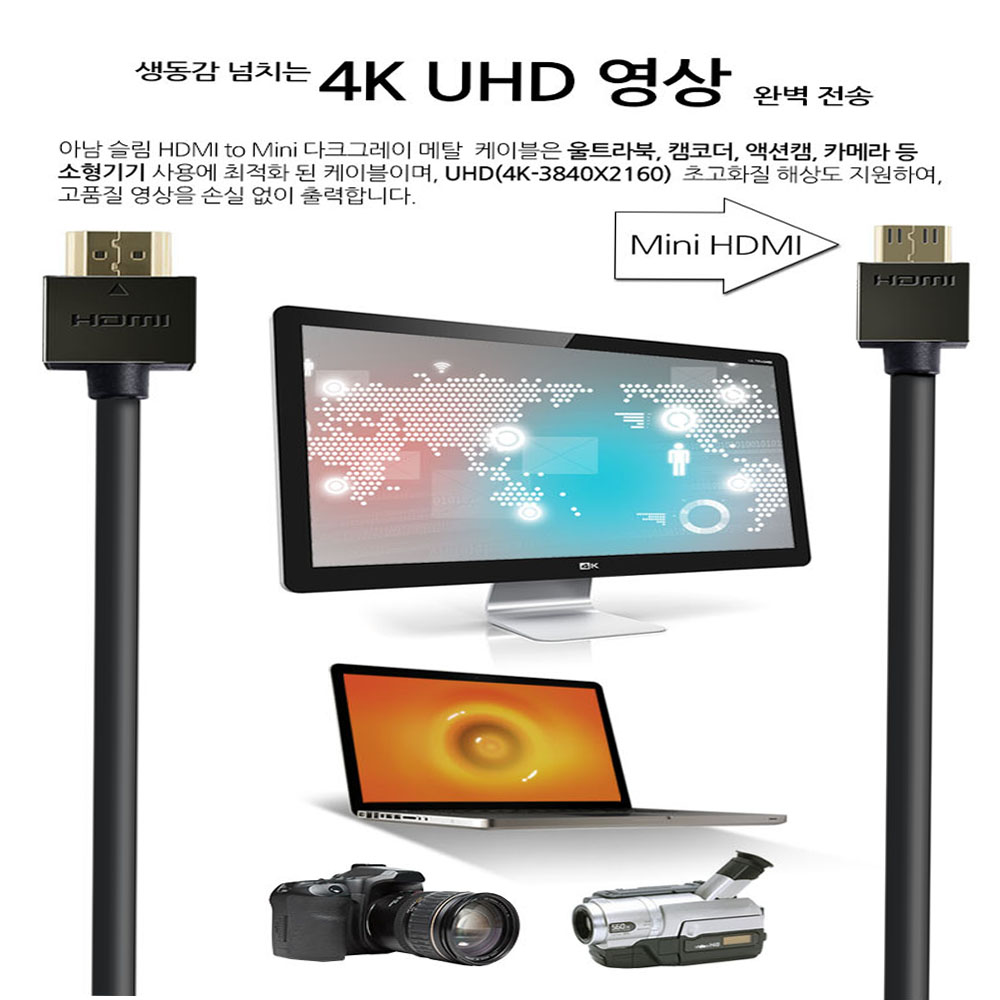 아남 슬림 HDMI to Mini HDMI 2.0 다크그레이 메탈 케이블 ACH-AMN30S2